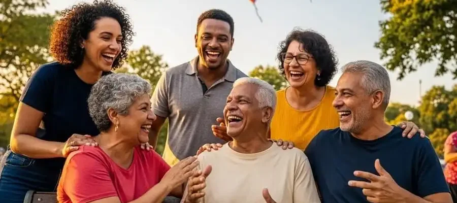 Grupo de amigos de várias idades rindo juntos em banco de praça ao entardecer, no Brasil.