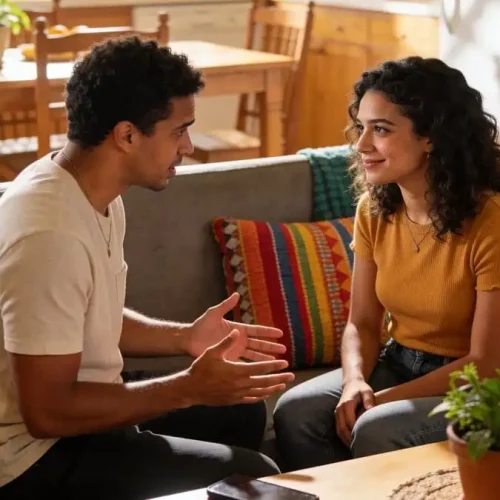 Duas pessoas em conversa íntima, uma escutando com atenção plena e empatia, luz natural suave de cozinha brasileira, simbolizando conexão emocional profunda.