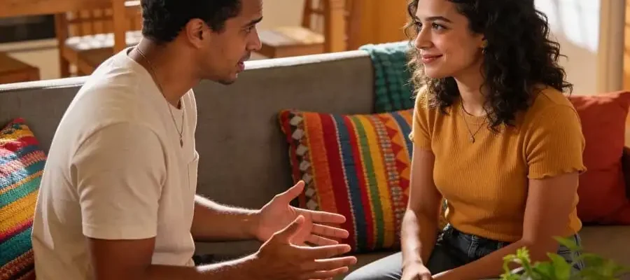 Duas pessoas em conversa íntima, uma escutando com atenção plena e empatia, luz natural suave de cozinha brasileira, simbolizando conexão emocional profunda.