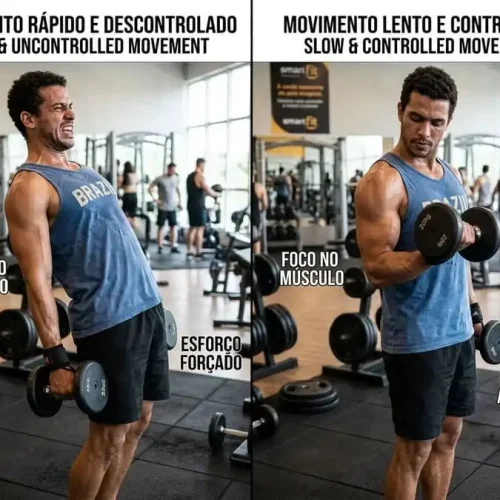 Comparação lado a lado: execução rápida e descontrolada vs execução lenta e controlada no treino, academia brasileira com luz clara, simbolizando impacto da cadência na segurança e nos ganhos musculares.