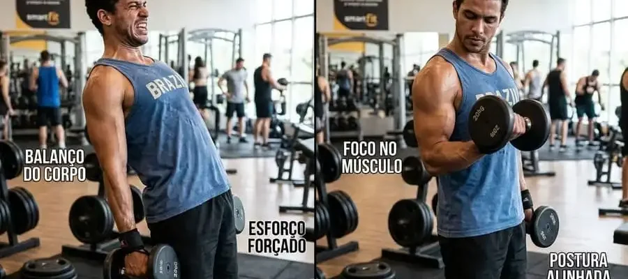 Comparação lado a lado: execução rápida e descontrolada vs execução lenta e controlada no treino, academia brasileira com luz clara, simbolizando impacto da cadência na segurança e nos ganhos musculares.