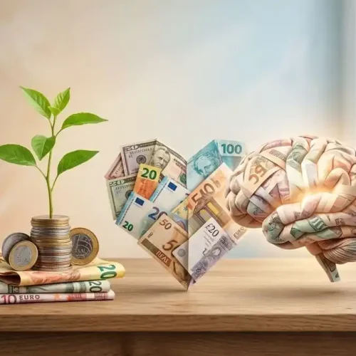 saúde financeira -Imagem fotorealista de uma composição com dinheiro (notas e moedas) entrelaçado com símbolos de saúde e bem-estar, como uma planta crescendo de moedas e um coração feito de notas.