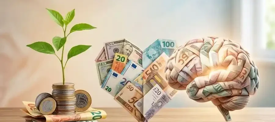 saúde financeira -Imagem fotorealista de uma composição com dinheiro (notas e moedas) entrelaçado com símbolos de saúde e bem-estar, como uma planta crescendo de moedas e um coração feito de notas.