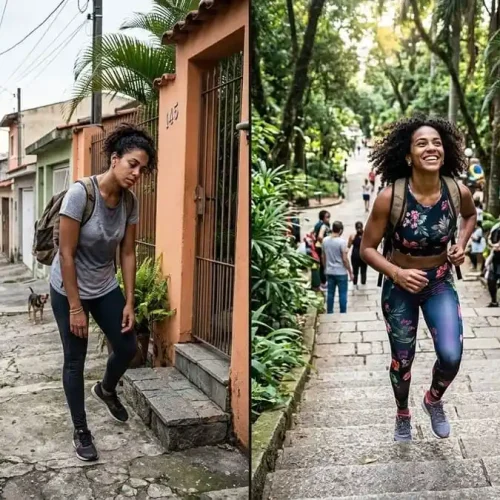 Comparação: pessoa cansada com pernas pesadas vs pessoa com energia e postura ereta caminhando, rua/parque brasileiro com luz natural, simbolizando transformação da resistência física.