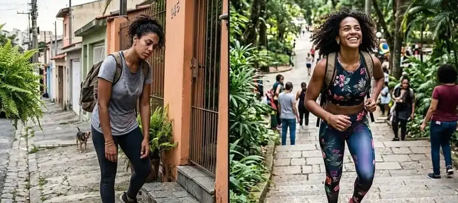 Comparação: pessoa cansada com pernas pesadas vs pessoa com energia e postura ereta caminhando, rua/parque brasileiro com luz natural, simbolizando transformação da resistência física.