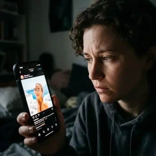 Imagem fotorealista de um rosto parcialmente obscurecido por uma tela de smartphone que exibe uma vida idealizada e filtrada de um influenciador, com a expressão da pessoa sugerindo dúvida ou comparação.