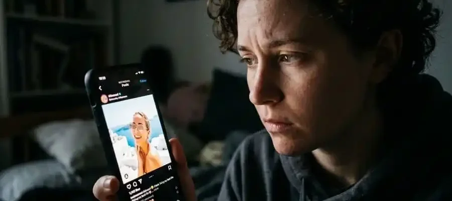 Imagem fotorealista de um rosto parcialmente obscurecido por uma tela de smartphone que exibe uma vida idealizada e filtrada de um influenciador, com a expressão da pessoa sugerindo dúvida ou comparação.