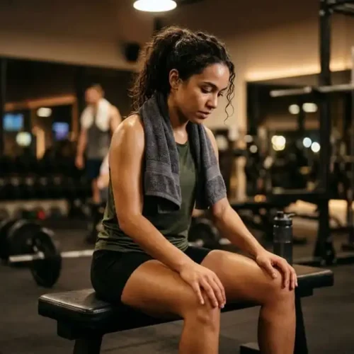 Atleta sentado em um banco de academia, fazendo uma pausa para respirar e descansar, demonstrando autoconsciência durante o treino.