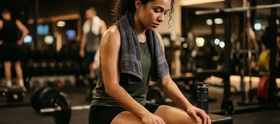 Atleta sentado em um banco de academia, fazendo uma pausa para respirar e descansar, demonstrando autoconsciência durante o treino.
