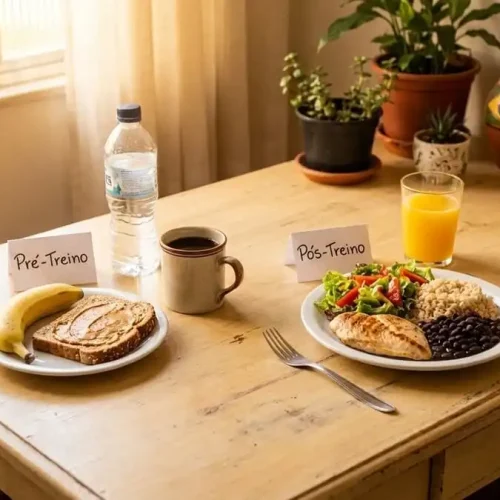 Mesa com alimentos ideais para pré-treino (banana, pão, café) e pós-treino (frango, arroz, salada).