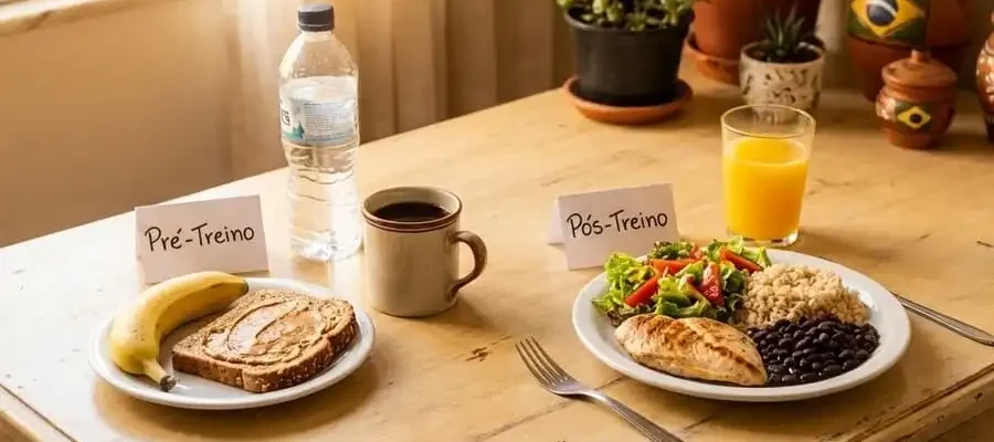 Mesa com alimentos ideais para pré-treino (banana, pão, café) e pós-treino (frango, arroz, salada).