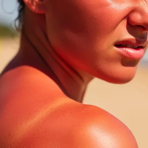 Pele vermelha e queimada de sol em ombros, luz natural intensa, simbolizando urgência de cuidados após exposição excessiva.