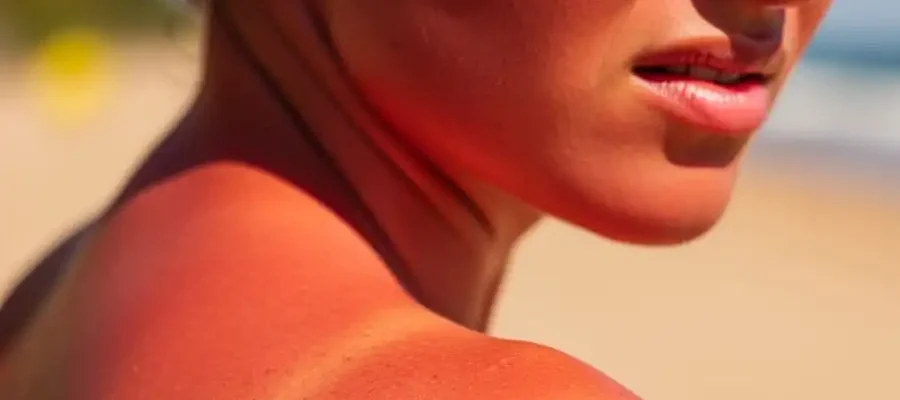 Pele vermelha e queimada de sol em ombros, luz natural intensa, simbolizando urgência de cuidados após exposição excessiva.