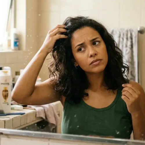 Pessoa em frente ao espelho do banheiro brasileiro olhando cabelo com dúvida, mão na raiz ou ponta, luz natural suave, simbolizando dilema comum sobre frequência de lavagem capilar.