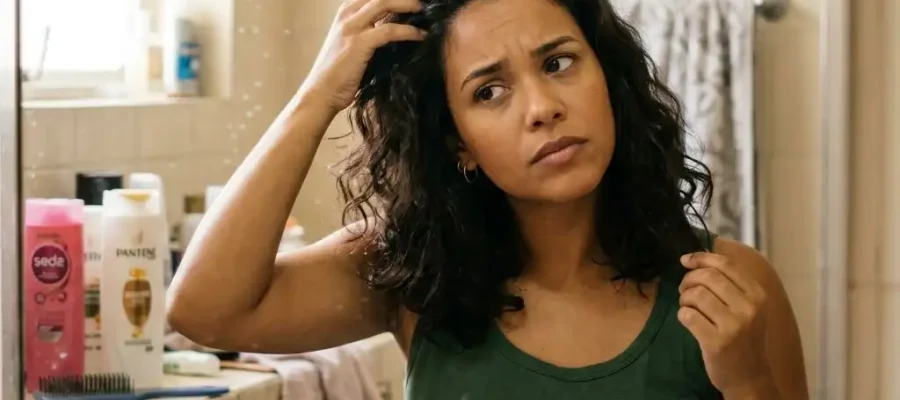 Pessoa em frente ao espelho do banheiro brasileiro olhando cabelo com dúvida, mão na raiz ou ponta, luz natural suave, simbolizando dilema comum sobre frequência de lavagem capilar.