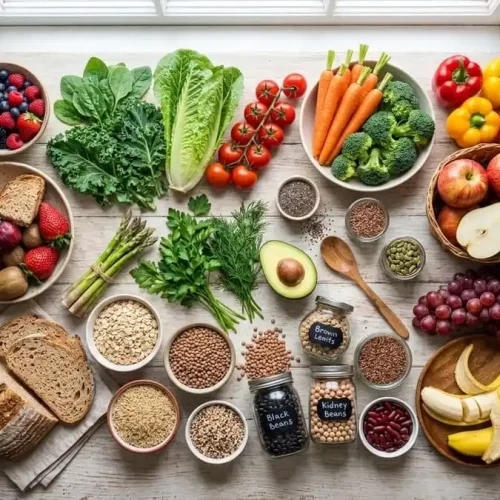 Imagem flat lay e fotorealista de uma variedade vibrante de alimentos ricos em fibras, incluindo frutas coloridas, vegetais de folhas verdes, brócolis, aveia, arroz integral e leguminosas, dispostos sobre uma mesa de madeira clara.