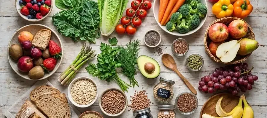 Imagem flat lay e fotorealista de uma variedade vibrante de alimentos ricos em fibras, incluindo frutas coloridas, vegetais de folhas verdes, brócolis, aveia, arroz integral e leguminosas, dispostos sobre uma mesa de madeira clara.