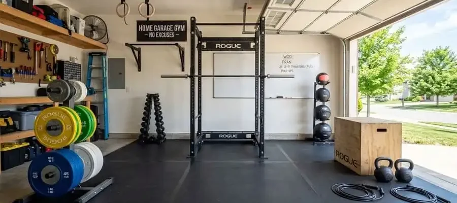 Espaço de treino funcional em uma garagem, com piso de borracha preta, rack de agachamento, barras, anilhas coloridas e acessórios de CrossFit organizados.