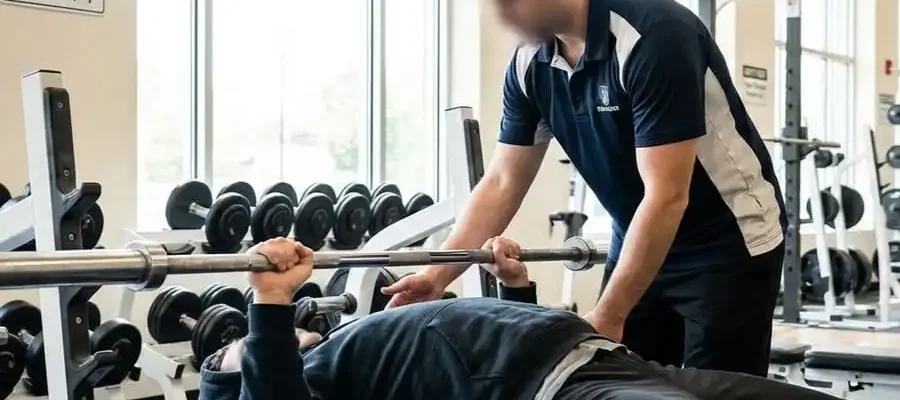 Fotografia realista de uma pessoa ajustando a postura no supino com a ajuda de um instrutor, em uma academia com equipamentos ao fundo, sob iluminação clara.