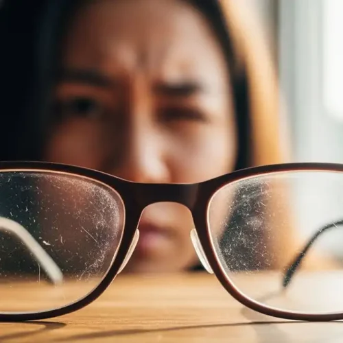 Óculos com lentes sujas e embaçadas sobre mesa, luz natural, simbolizando necessidade urgente de limpeza correta.