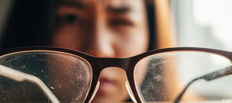 Óculos com lentes sujas e embaçadas sobre mesa, luz natural, simbolizando necessidade urgente de limpeza correta.