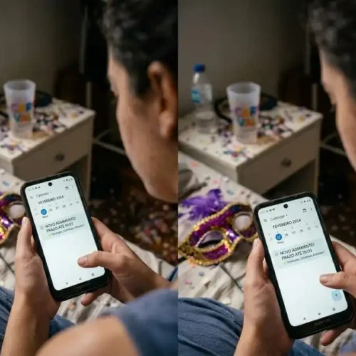 Pessoa refletindo com frustração olhando celular pós-Carnaval, elementos de festa desbotados ao fundo, luz natural suave de quarto brasileiro, simbolizando o ciclo de adiamento e a vontade de romper com ele.