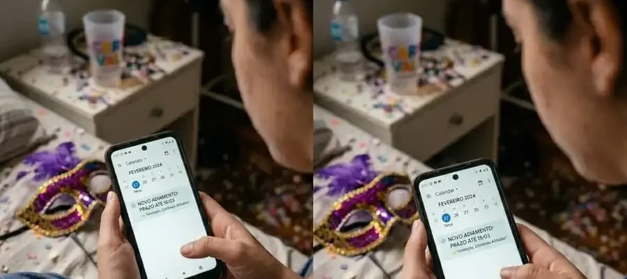 Pessoa refletindo com frustração olhando celular pós-Carnaval, elementos de festa desbotados ao fundo, luz natural suave de quarto brasileiro, simbolizando o ciclo de adiamento e a vontade de romper com ele.
