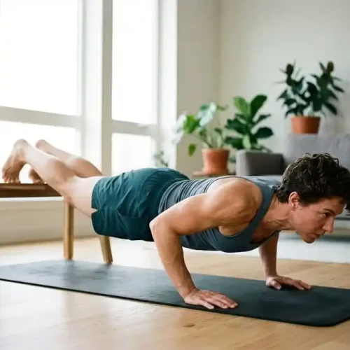 Imagem fotorealista e dinâmica de uma pessoa atlética realizando um exercício de peso corporal desafiador, como uma flexão com os pés elevados, em um ambiente doméstico bem iluminado.