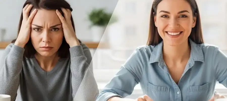 Comparação antes e depois: pessoa com expressão de confusão mental (esquerda) vs clareza e energia após bons níveis de vitamina B12 (direita), luz natural de cozinha.