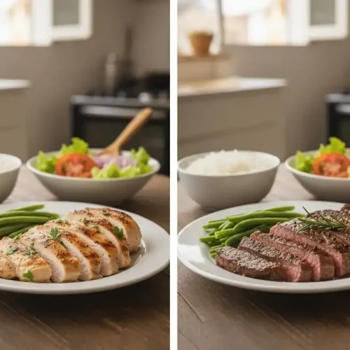 Comparação lado a lado: peito de frango grelhado vs bife magro grelhado na mesa brasileira, luz natural suave, simbolizando dúvida comum e comparação real entre as duas proteínas.