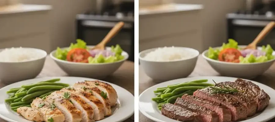 Comparação lado a lado: peito de frango grelhado vs bife magro grelhado na mesa brasileira, luz natural suave, simbolizando dúvida comum e comparação real entre as duas proteínas.