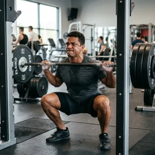 Homem realizando agachamento com barra na academia, ilustrando o estímulo hormonal da musculação para aumento de testosterona.