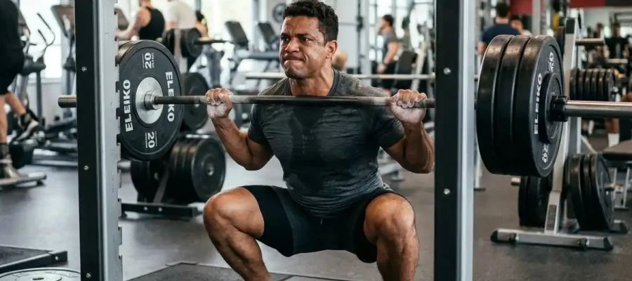 Homem realizando agachamento com barra na academia, ilustrando o estímulo hormonal da musculação para aumento de testosterona.
