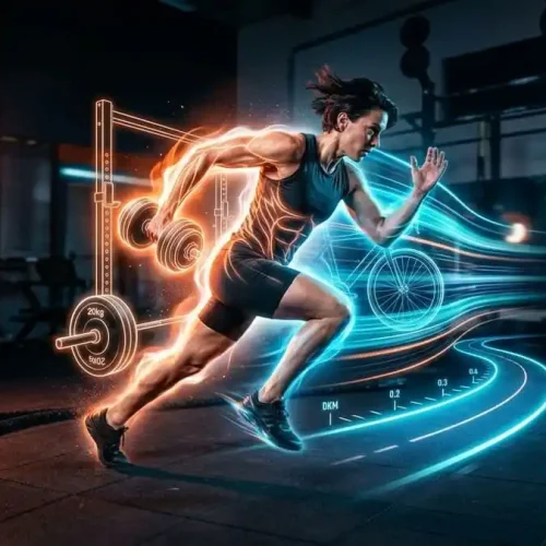 Imagem fotorealista dinâmica de uma pessoa atlética em movimento, cercada por elementos abstratos e luminosos que mesclam musculação (halteres), cardio (pista de corrida) e treino funcional (kettlebell), simbolizando o treino híbrido.