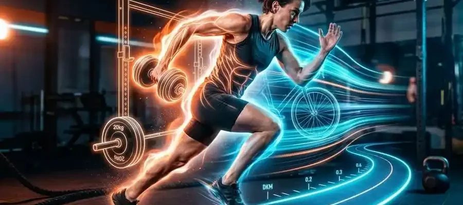Imagem fotorealista dinâmica de uma pessoa atlética em movimento, cercada por elementos abstratos e luminosos que mesclam musculação (halteres), cardio (pista de corrida) e treino funcional (kettlebell), simbolizando o treino híbrido.