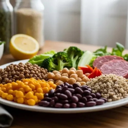 Prato brasileiro equilibrado com leguminosas, vegetais e pouco proteína animal, luz natural suave de cozinha, simbolizando dieta que ativa termogênese e gordura bege.