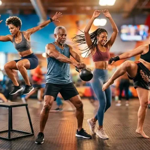 Imagem fotorealista dinâmica com múltiplas figuras de pessoas praticando diferentes exercícios para perda de peso, como HIIT, musculação, dança e Muay Thai, com um fundo vibrante e energético.