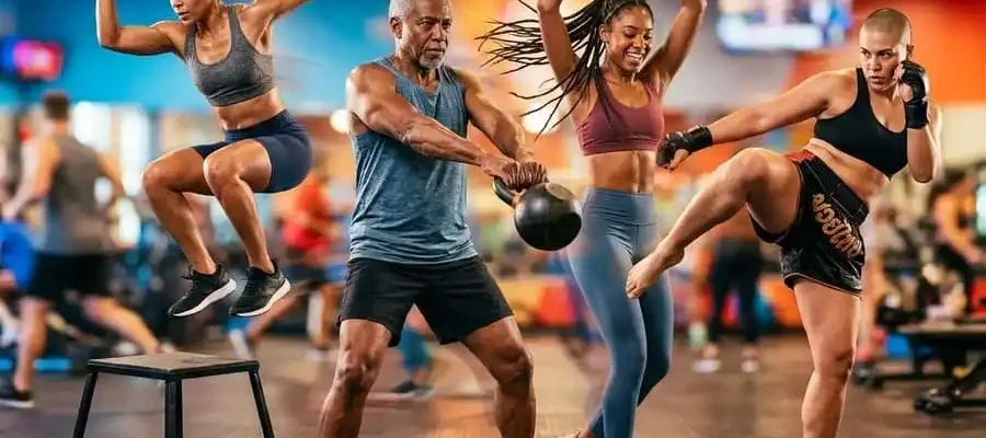 Imagem fotorealista dinâmica com múltiplas figuras de pessoas praticando diferentes exercícios para perda de peso, como HIIT, musculação, dança e Muay Thai, com um fundo vibrante e energético.
