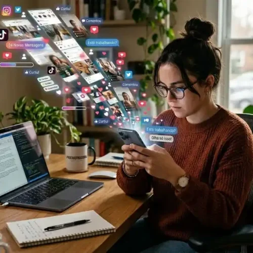 Pessoa tentando trabalhar no computador enquanto se distrai com notificações e redes sociais no celular.