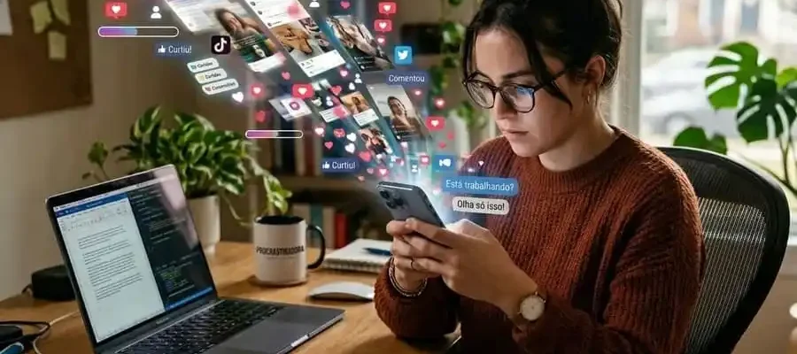 Pessoa tentando trabalhar no computador enquanto se distrai com notificações e redes sociais no celular.