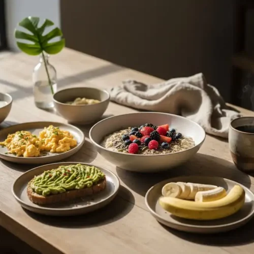 Mesa com café da manhã equilibrado segundo Harvard: aveia com frutas, ovos, pão integral com abacate e iogurte grego, luz natural da manhã.