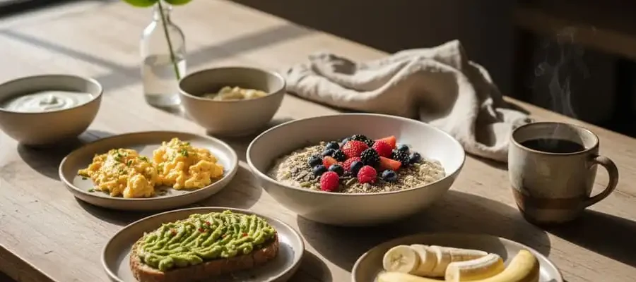 Mesa com café da manhã equilibrado segundo Harvard: aveia com frutas, ovos, pão integral com abacate e iogurte grego, luz natural da manhã.