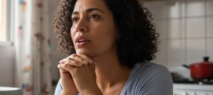 Pessoa em momento de reflexão falando sozinha com expressão serena, cozinha ou sala brasileira simples, luz natural suave, simbolizando autoconversa saudável e inteligente.