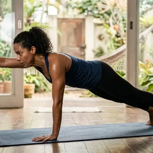 Pessoa em prancha dinâmica com braço e perna opostos estendidos, foco e controle, sala/quintal brasileiro com luz natural suave, simbolizando exercício de 1 minuto que trabalha múltiplos grupos musculares.