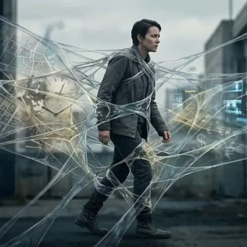 Imagem fotorealista surreal de uma figura humana parcialmente presa ou emaranhada em barreiras translúcidas abstratas que representam restrições sociais como mapas urbanos, relógios e telas digitais.