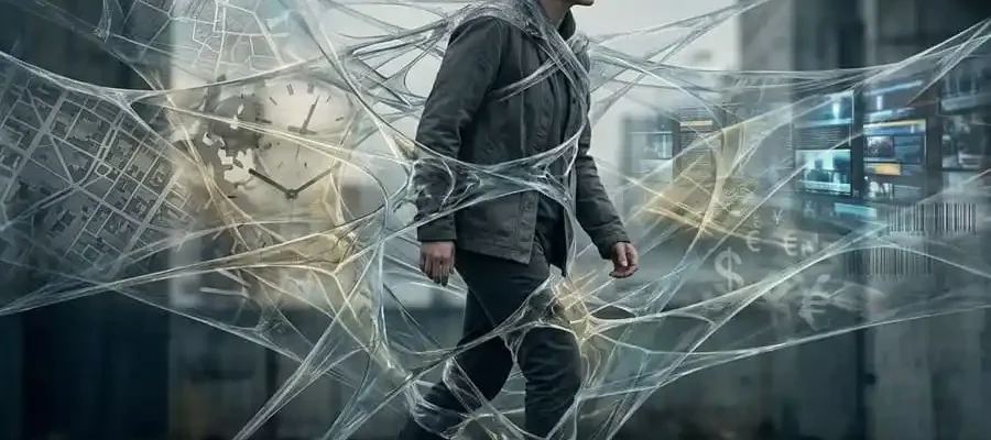 Imagem fotorealista surreal de uma figura humana parcialmente presa ou emaranhada em barreiras translúcidas abstratas que representam restrições sociais como mapas urbanos, relógios e telas digitais.