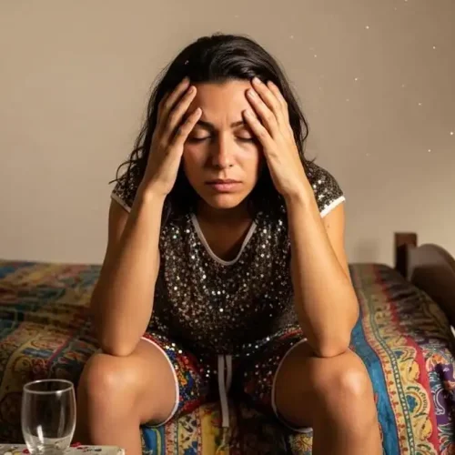 Pessoa com ressaca após o Carnaval sentada na cama, mãos na cabeça, garrafa d’água ao lado, luz natural da manhã.
