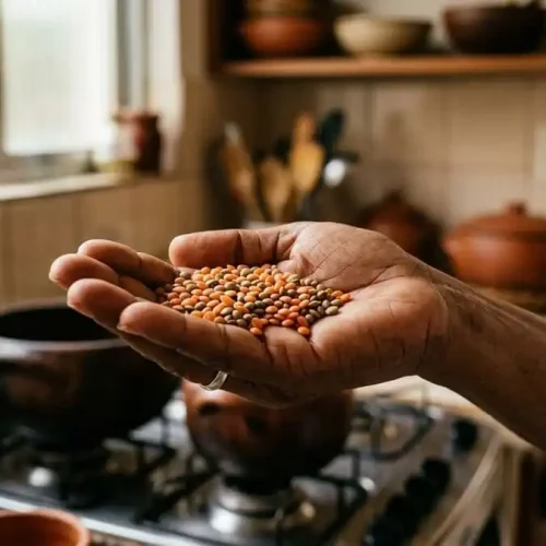 Mão segurando punhado de lentilhas secas (vermelhas e verdes), luz natural suave de cozinha brasileira, simbolizando superalimento acessível e poderoso.