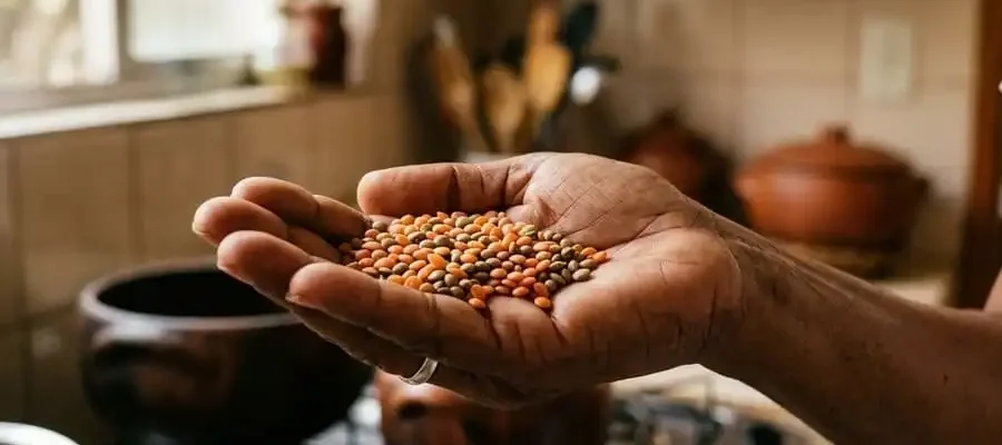 Mão segurando punhado de lentilhas secas (vermelhas e verdes), luz natural suave de cozinha brasileira, simbolizando superalimento acessível e poderoso.