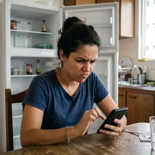 Pessoa com expressão irritada e frustrada em casa ou escritório brasileiro, luz natural, simbolizando o estado ‘hangry’ causado pela fome e irritabilidade.